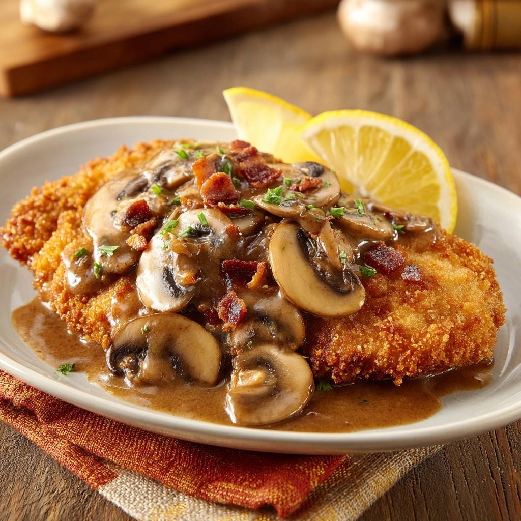 Knuspriges Jägerschnitzel mit Speck serviert auf einem Teller mit Champignons, Speckwürfeln und einer Zitronenscheibe als Garnierung.