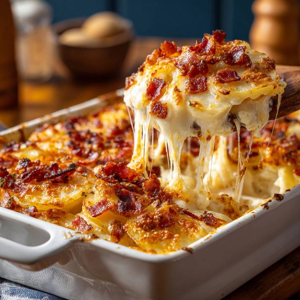 Knuspriges Kartoffelgratin mit Speck, cremig und goldbraun: Eine Portion wird mit einem Holzlöffel aus der Auflaufform gehoben, mit geschmolzenem Käse.