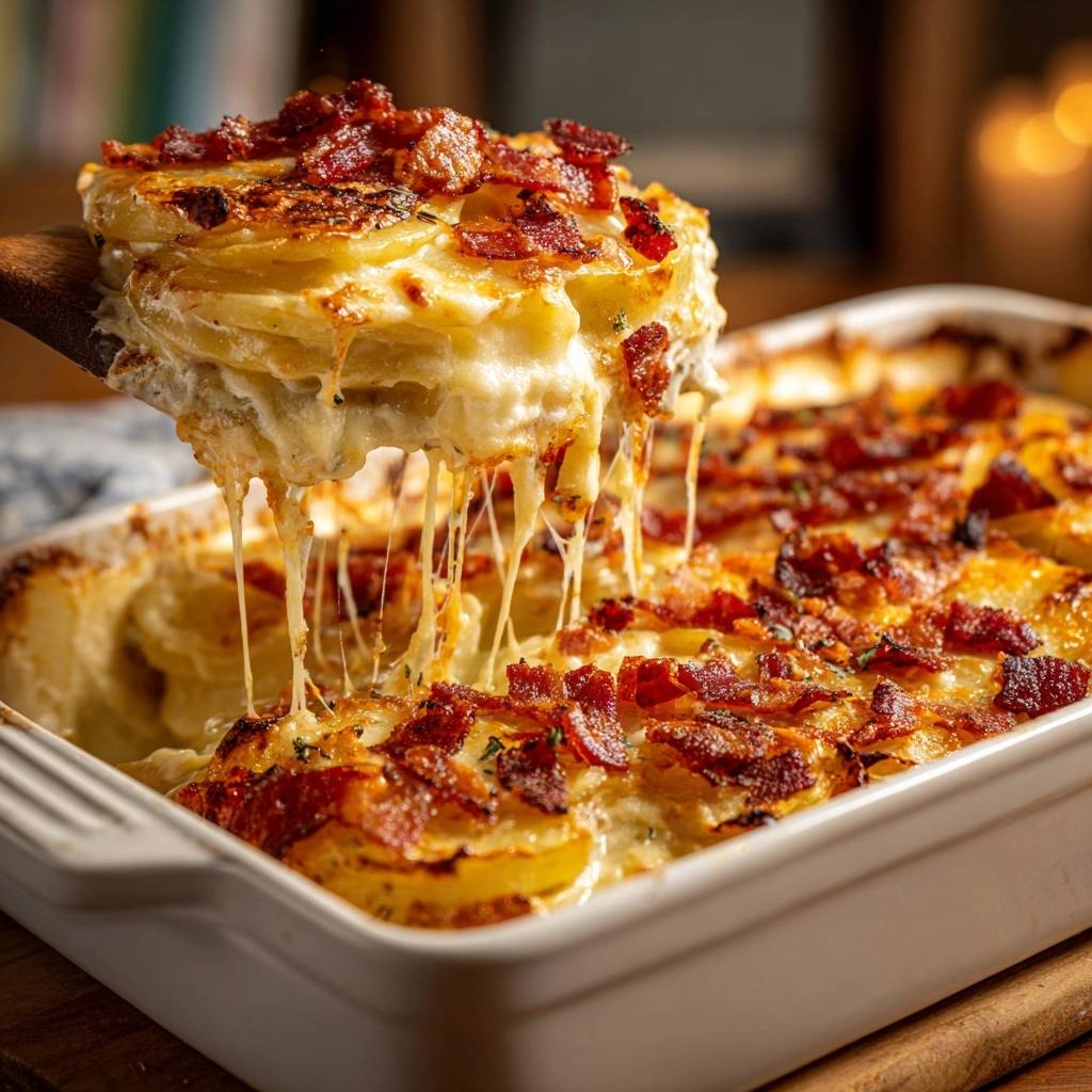 Knuspriges Kartoffelgratin mit Speck, bei dem sich der Käse in langen Fäden auf der Holzunterlage zieht.