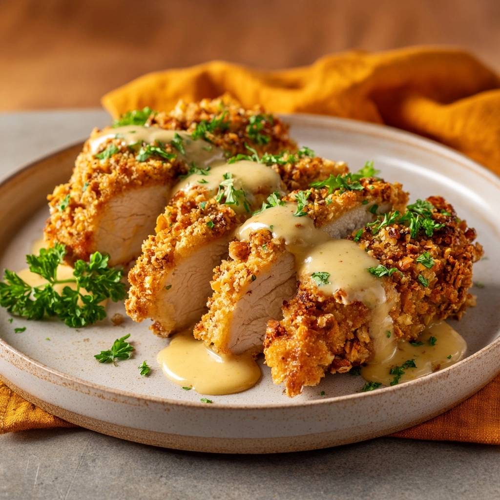 Knuspriges Nuss-Hähnchen mit Senfsauce, serviert auf einem Teller, zeigt den saftigen, angeschnittenen Kern mit knuspriger Kruste.