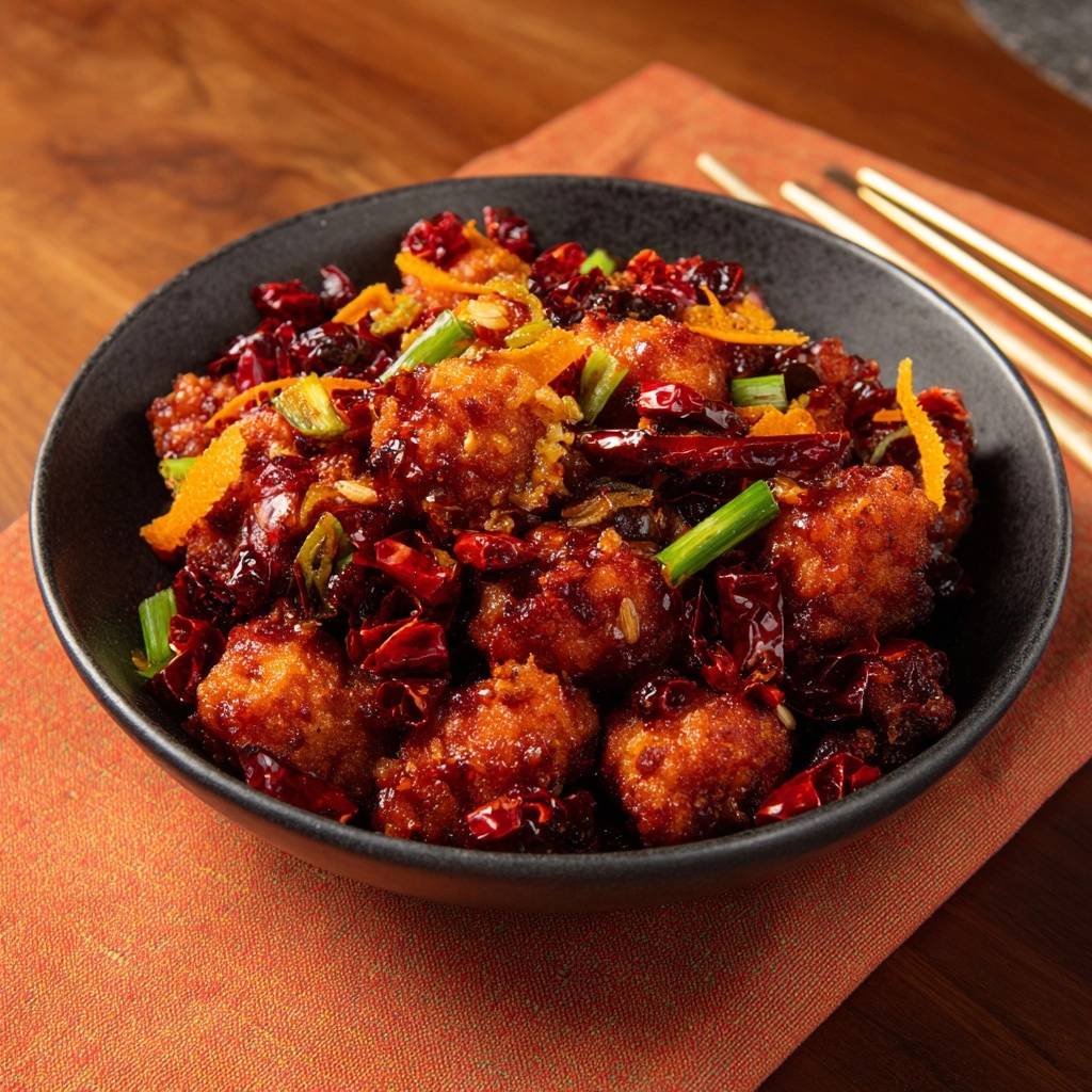Knuspriges Orangen Huhnchen Nahaufnahme 1 Knuspriges Orangen-Hähnchen in einer schwarzen Schüssel, garniert mit Chili und Orangenschale, in einer Nahaufnahme. Das Gericht ist fertig serviert und appetitlich angerichtet.
