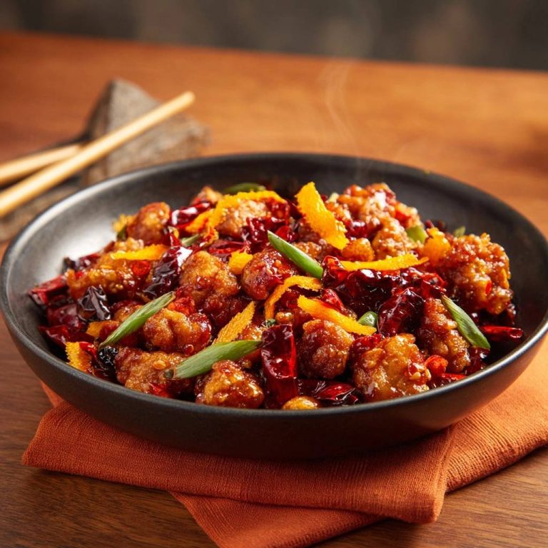 Knuspriges Orangen-Hähnchen in einer schwarzen Schüssel, mit getrockneten Chilis und frischen Frühlingszwiebeln garniert, in Nahaufnahme aufgenommen.