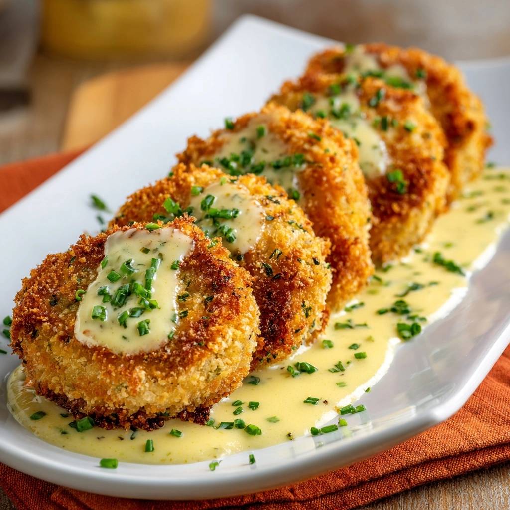 Knuspriges paniertes Fischfilet mit Kräutersauce serviert auf einem weißen Teller, garniert mit frischen Kräutern und cremiger Sauce.