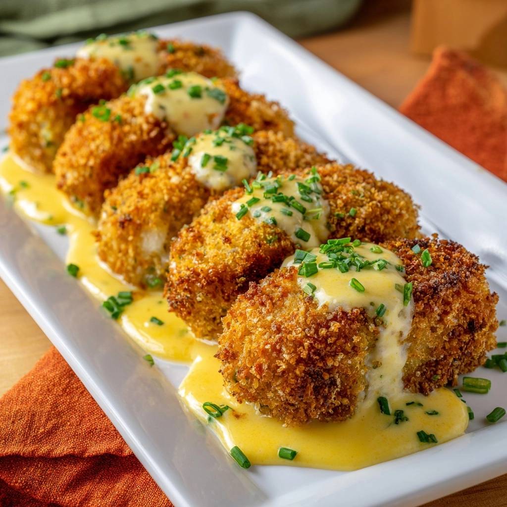 Knuspriges paniertes Fischfilet mit Kräutersauce serviert auf einem weißen Teller, garniert mit frischen Kräutern und cremiger Sauce.