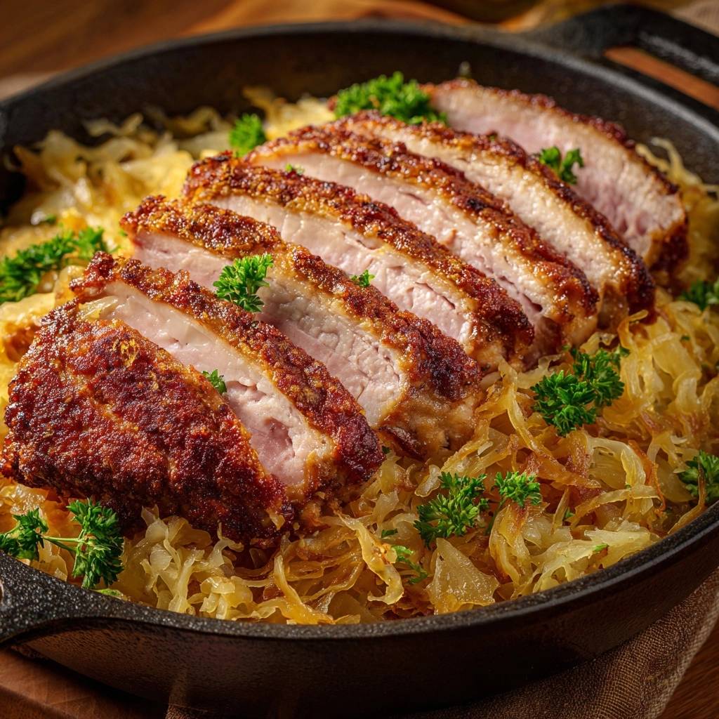 Knuspriges Schweinefilet auf Sauerkraut, serviert in einer Pfanne. Der Anschnitt zeigt das saftige Fleisch mit goldbrauner Kruste, angerichtet auf geschmortem Sauerkraut.