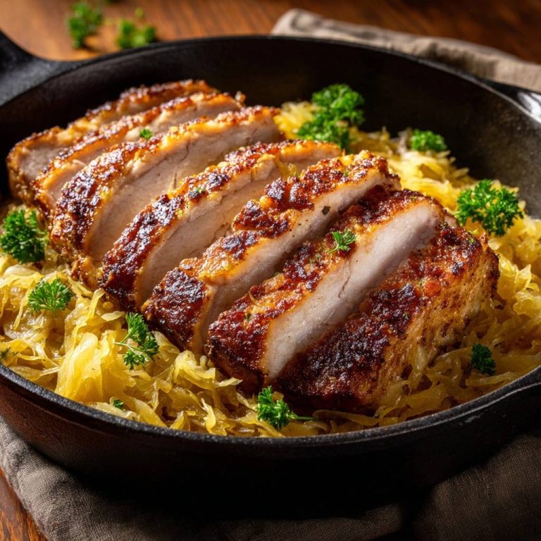 Knuspriges Schweinefilet auf Sauerkraut, serviert in einer Pfanne, zeigt einen appetitlichen Querschnitt der saftigen Fleischstücke und des zarten Sauerkrauts.