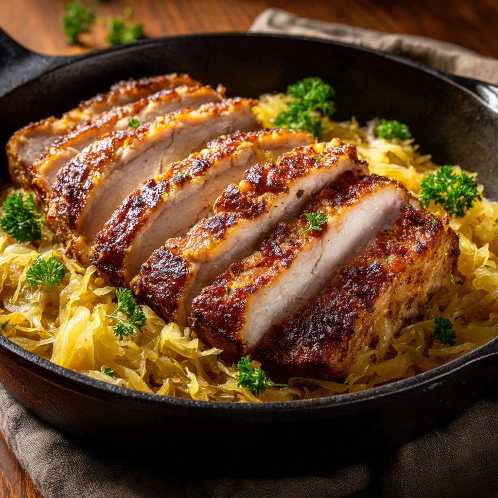 Knuspriges Schweinefilet auf Sauerkraut, serviert in einer Pfanne, zeigt einen appetitlichen Querschnitt der saftigen Fleischstücke und des zarten Sauerkrauts.