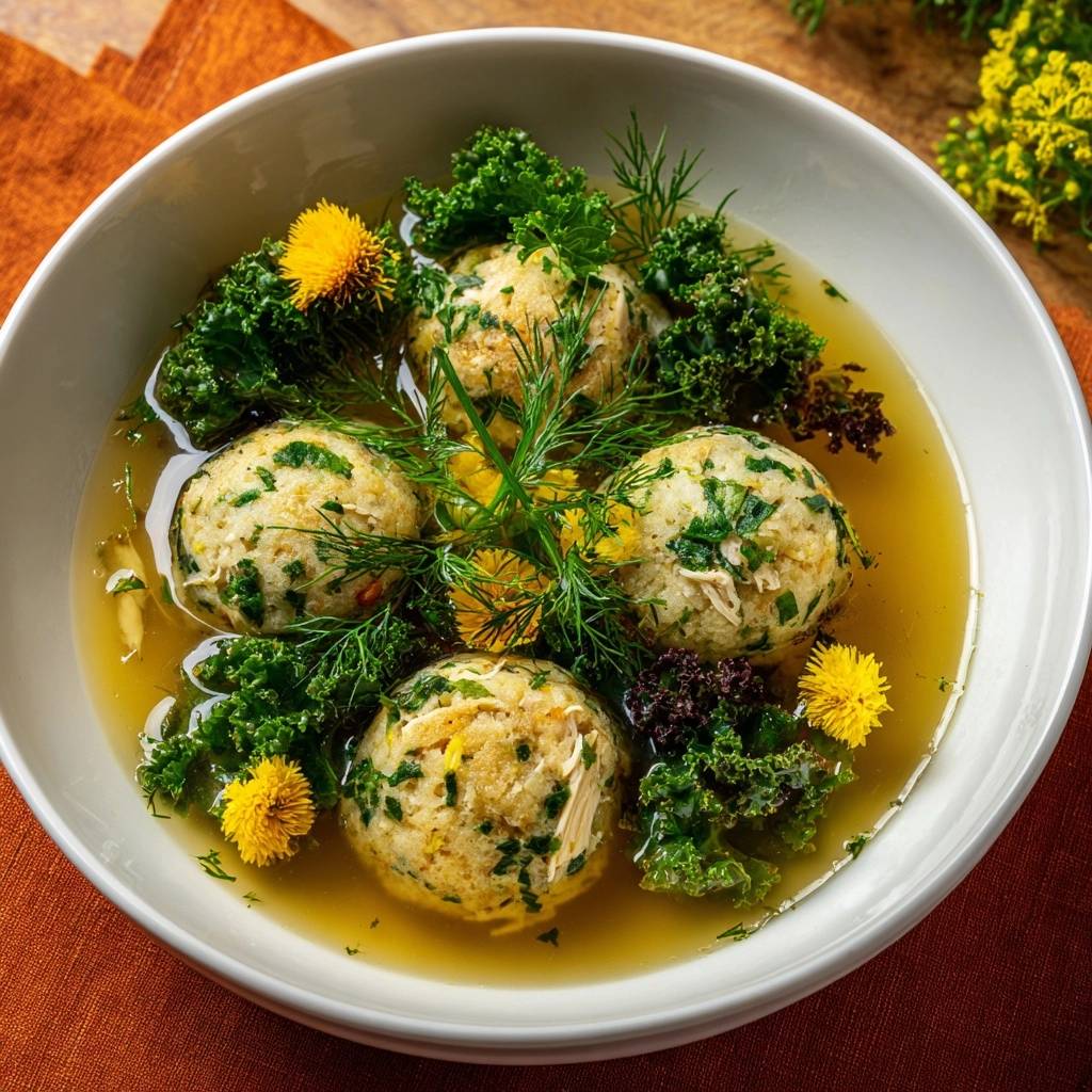 Krauter Griessklosshen Suppe Von Oben 1 Kräuter-Grießklößchen-Suppe mit Grünkohl und Huhn, serviert in einer weißen Schüssel von oben. Die Suppe ist mit frischen Kräutern und essbaren Blüten garniert.