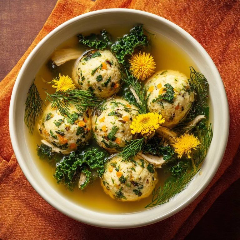 Kräuter-Grießklößchen-Suppe mit Grünkohl und Huhn, serviert in einer cremefarbenen Schüssel, garniert mit frischen Kräutern und gelben Blüten.