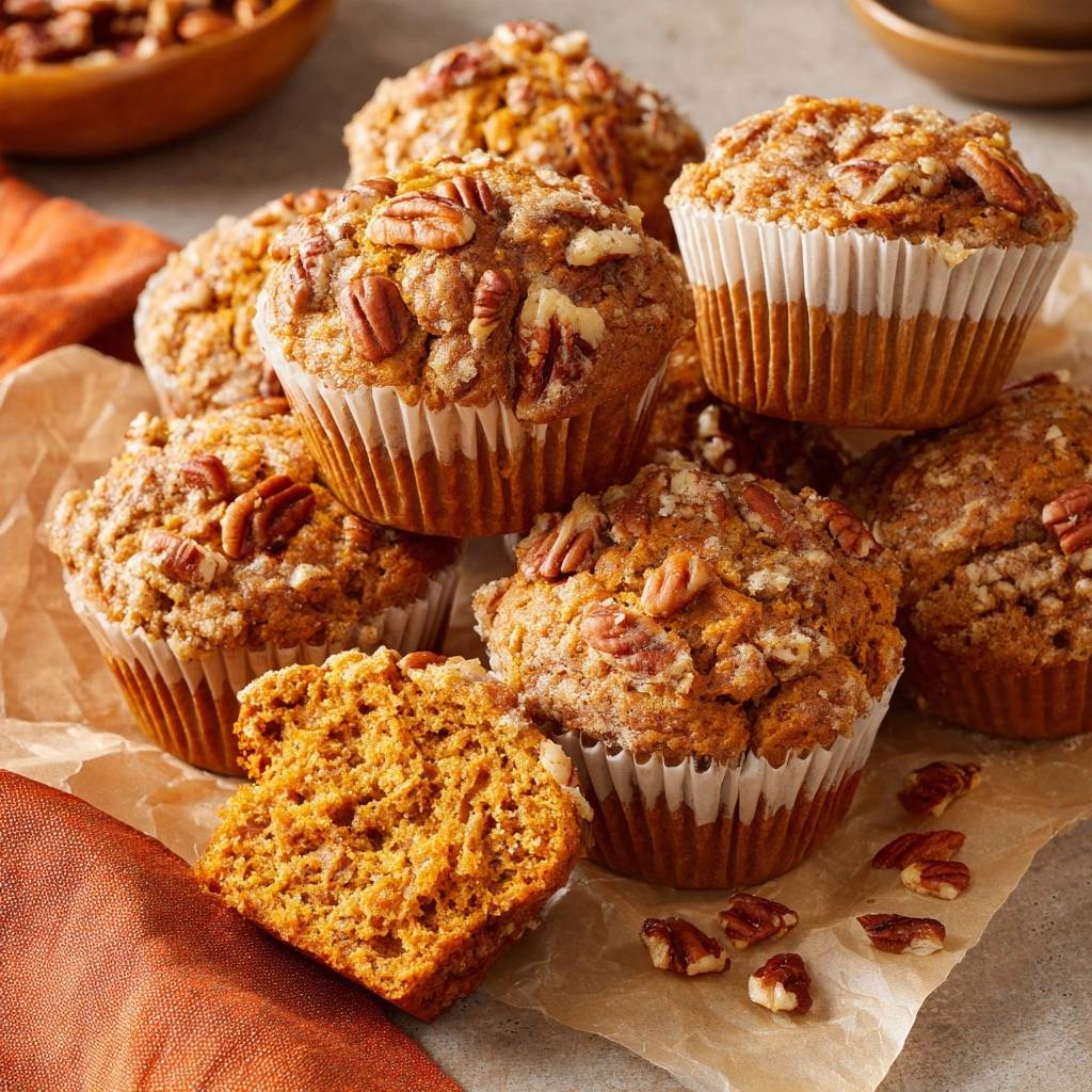 Kürbis-Pekan-Muffins mit Streusel zeigen eine Nahaufnahme des saftigen Inneren und der köstlichen Kruste mit Pekannüssen.