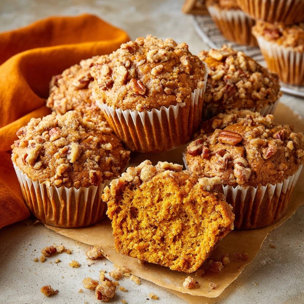 Kürbis-Pekan-Muffins mit Streusel zeigen hier eine Nahaufnahme des saftigen Inneren und der köstlichen Textur.