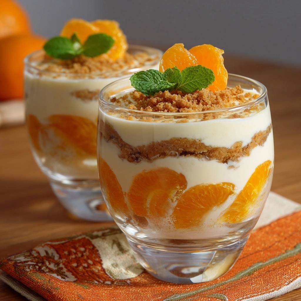 Mandarinen Crumble Parfait Nahaufnahme Serviert 1 Mandarinen-Crumble-Parfait in Gläsern serviert, mit Mandarinen-Segmenten, Crumble-Topping und frischer Minze garniert. Ein köstliches Dessert.