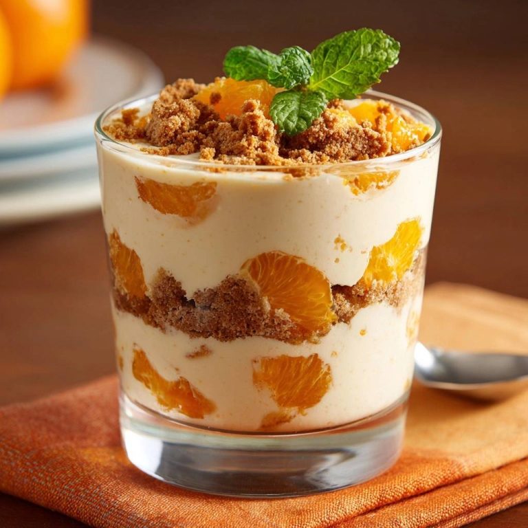 Mandarinen-Crumble-Parfait im Glas zeigt einen appetitlichen Querschnitt mit Mandarinenstücken, Crumble und cremiger Schicht.