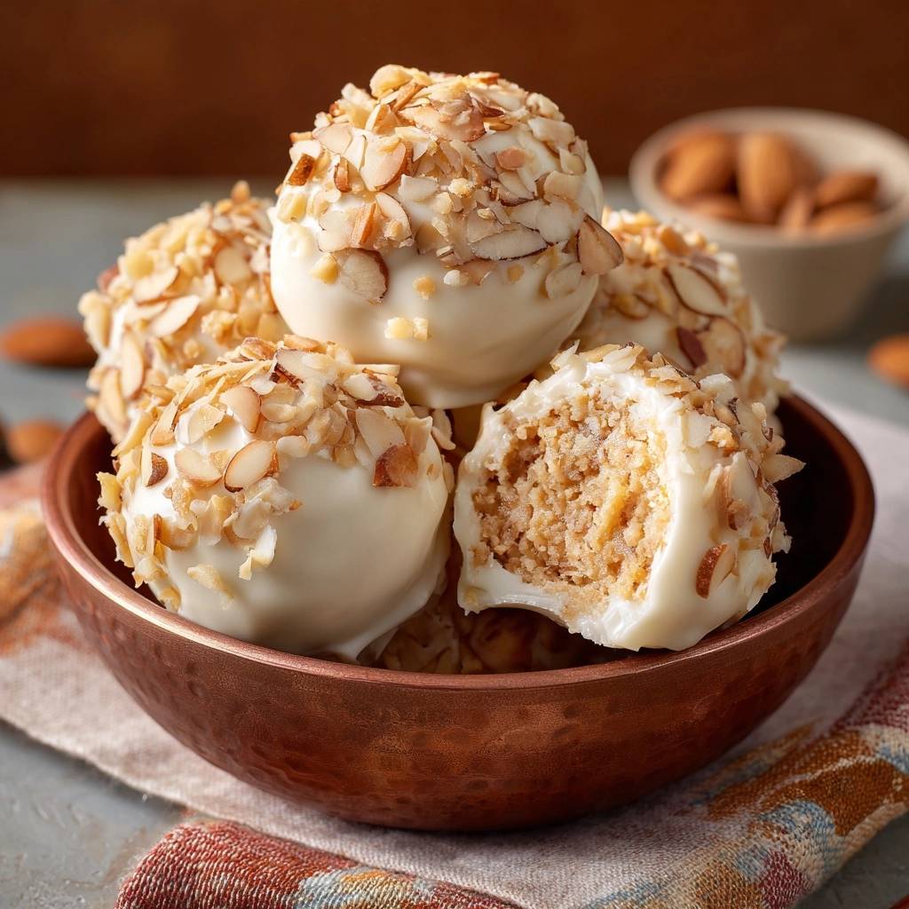 Mandel White Chocolate Truffel Querschnitt Nahaufnahme 1 Mandel-White-Chocolate-Trüffel zeigen hier eine Nahaufnahme des Inneren, mit einem Blick auf die cremige, nussige Füllung.