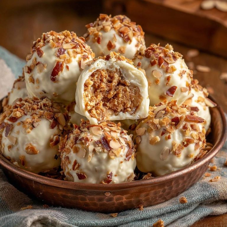 Mandel-White-Chocolate-Trüffel mit einem angeschnittenen Trüffel, der die cremige Füllung im Nahaufnahme zeigt. Köstliche handgemachte Süßigkeit.