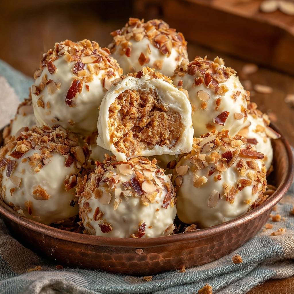 Mandel-White-Chocolate-Trüffel mit einem angeschnittenen Trüffel, der die cremige Füllung im Nahaufnahme zeigt. Köstliche handgemachte Süßigkeit.