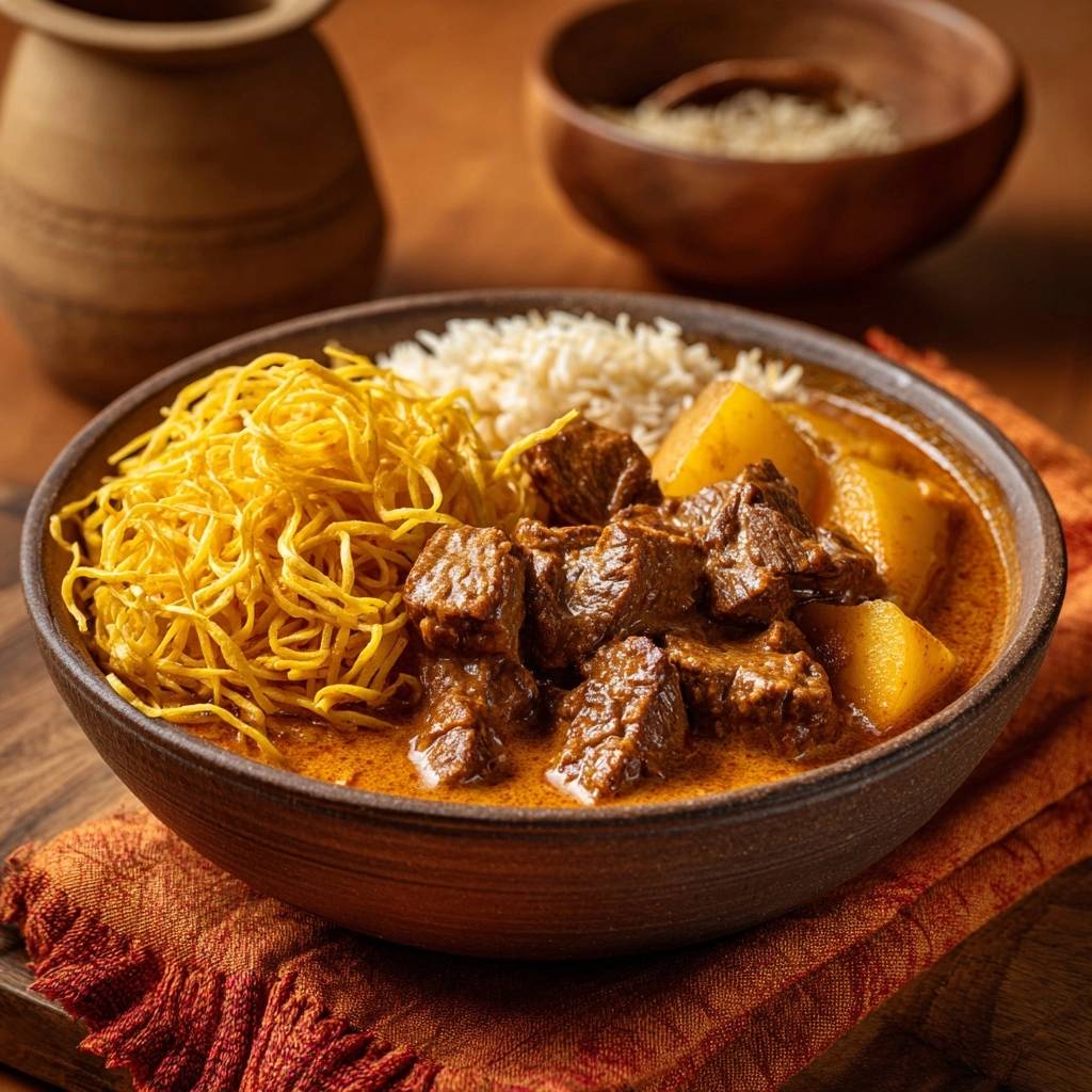 Massaman Curry Rind Kartoffeln Serviert 1 Massaman Curry mit Rind und Kartoffeln in einer Schüssel serviert, mit knusprigen Nudeln und Reis garniert. Ein herzhaftes Gericht zum Genießen.
