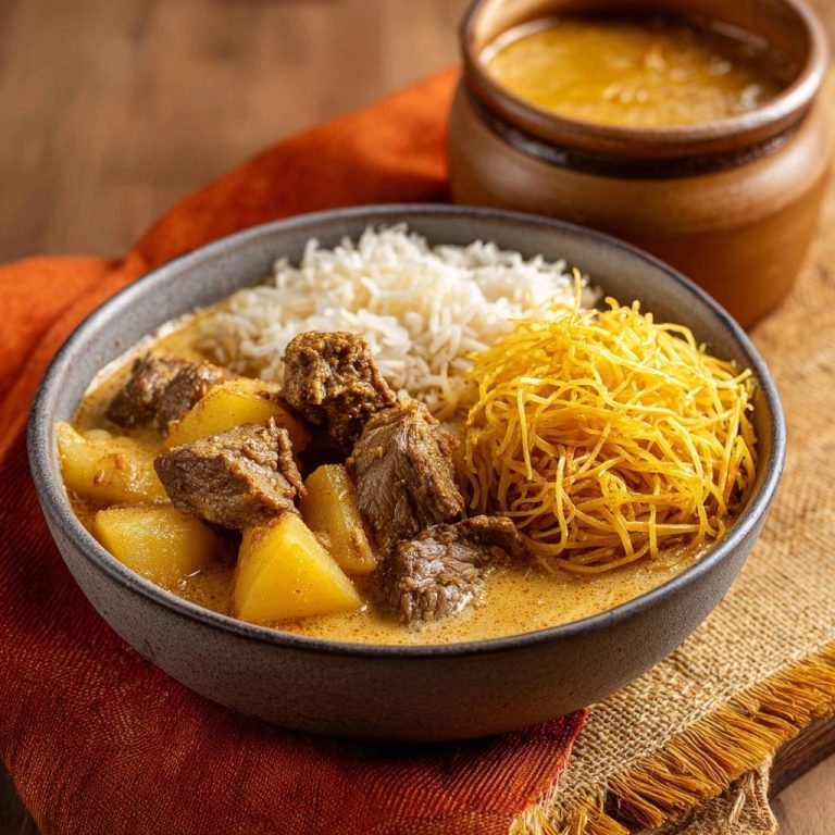 Massaman Curry mit Rind und Kartoffeln, serviert in einer Schüssel mit Reis und knusprigen Nudeln, die Sauce ist cremig.