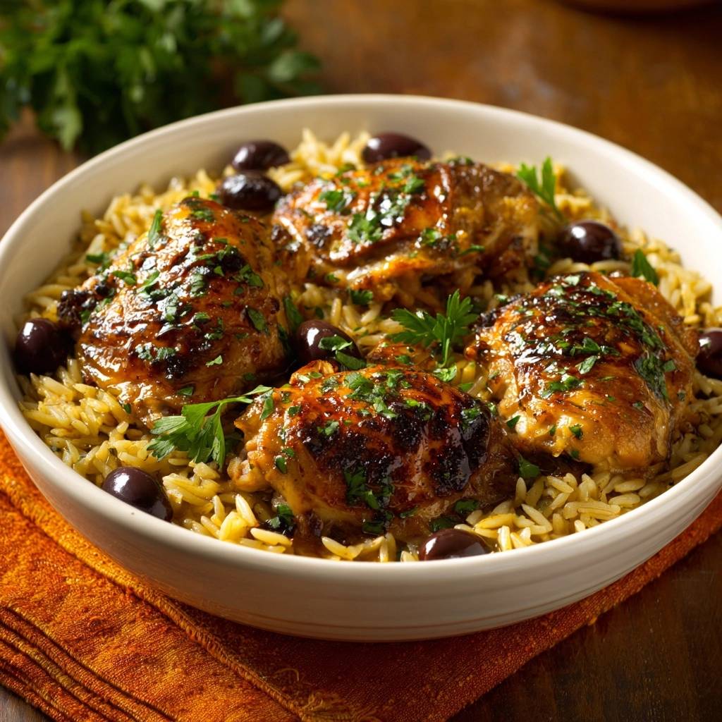 Mediterrane Haehnchenschenkel Auf Orzo Serviert 1 Mediterrane Hähnchenschenkel auf Orzo, serviert in einer Schüssel mit Oliven und frischer Petersilie garniert. Die knusprigen Hähnchenschenkel liegen auf dem Reisbett.
