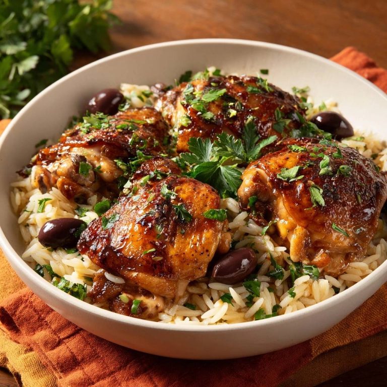 Mediterrane Hähnchenschenkel auf Orzo, serviert in einer Schüssel, mit Oliven und frischer Petersilie garniert. Ein köstliches und einfaches Gericht.