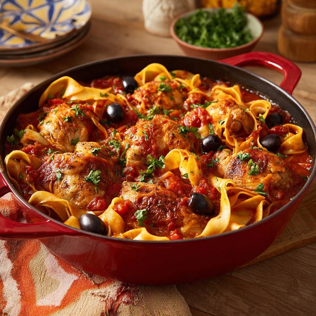 Mediterrane Hahnchen Pfanne Mit Pappardelle Draufsicht 1 Mediterrane Hähnchen-Pfanne mit Pappardelle in einer roten Pfanne, serviert mit Oliven und frischer Petersilie in einer Nahaufnahme von oben.