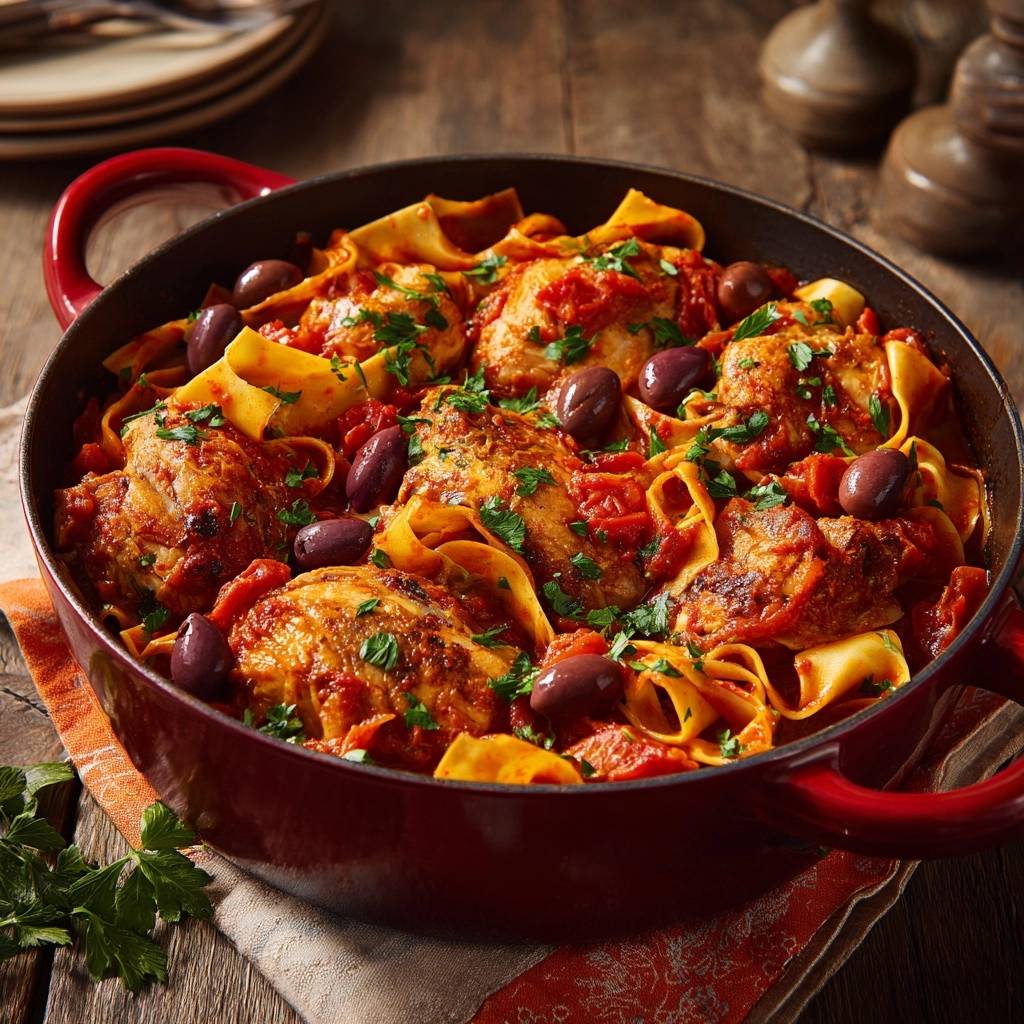 Mediterrane Hähnchen-Pfanne mit Pappardelle in einer roten Pfanne, draufsicht von oben mit Oliven, Nudeln und frischem Petersilie.