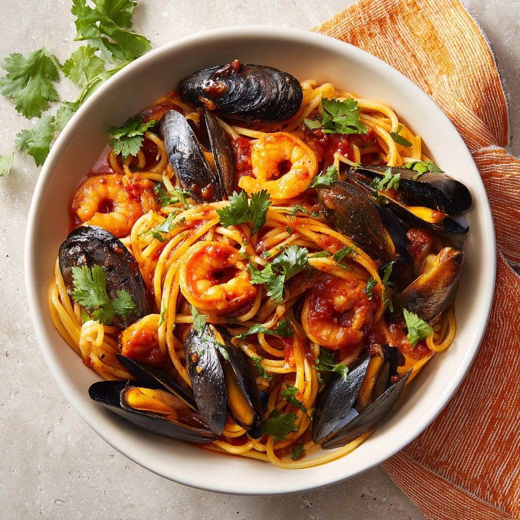 Mediterrane Meeresfruchte Pasta Draufsicht Serviert 1 Mediterrane Meeresfrüchte-Pasta in einer Schüssel serviert, garniert mit frischer Petersilie und Muscheln, bereit zum Genießen.