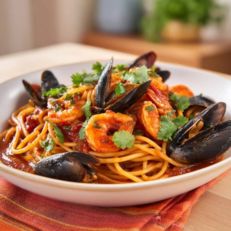 Mediterrane Meeresfrüchte-Pasta serviert in einer Schüssel, garniert mit frischer Petersilie und Muscheln, ein köstliches Seafood-Gericht.
