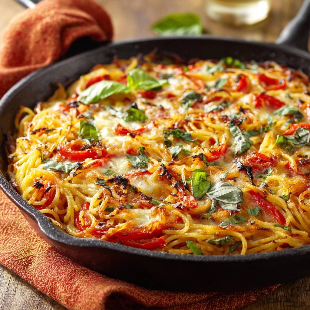 Mediterrane Spaghetti Frittata Aus Der Pfanne Draufsicht 1 Mediterrane Spaghetti-Frittata aus der Pfanne in einer gusseisernen Pfanne, garniert mit frischem Basilikum und Tomaten, von oben gesehen.