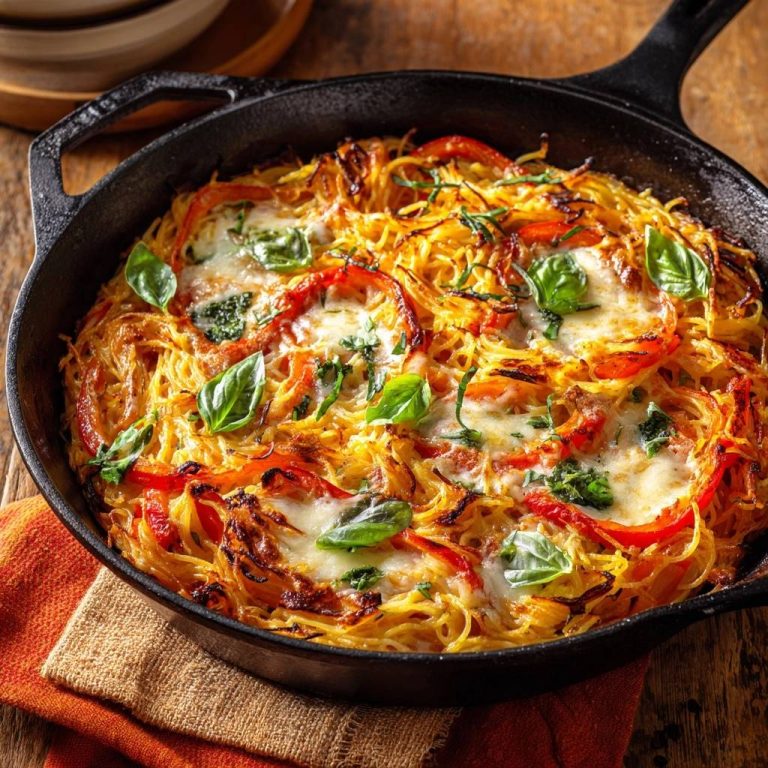Mediterrane Spaghetti-Frittata aus der Pfanne in einer gusseisernen Pfanne, garniert mit frischen Basilikumblättern, von oben betrachtet.
