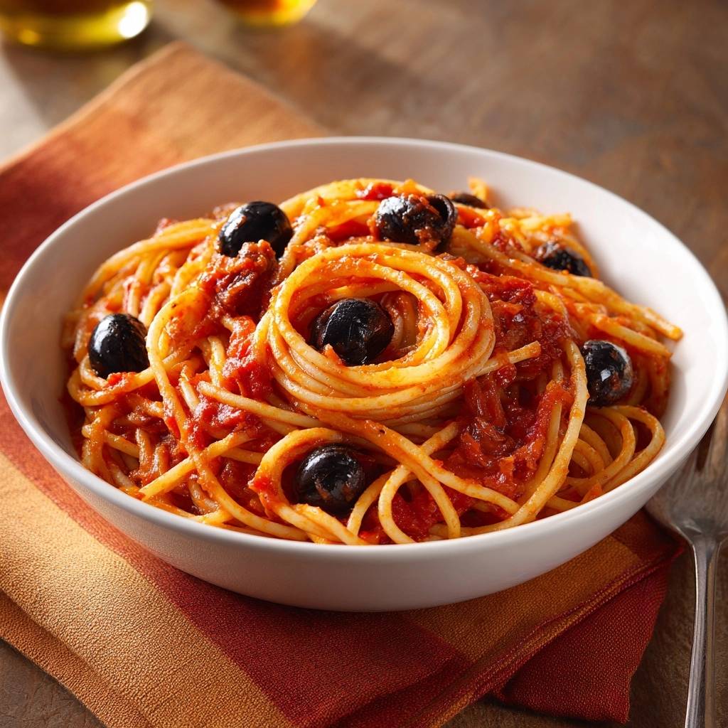 Mediterrane Spaghetti Mit Oliven Draufsicht Serviert 1 Mediterrane Spaghetti mit Oliven, serviert in einer weißen Schüssel, zeigt eine Nahaufnahme der Pasta und der Oliven in Tomatensauce.