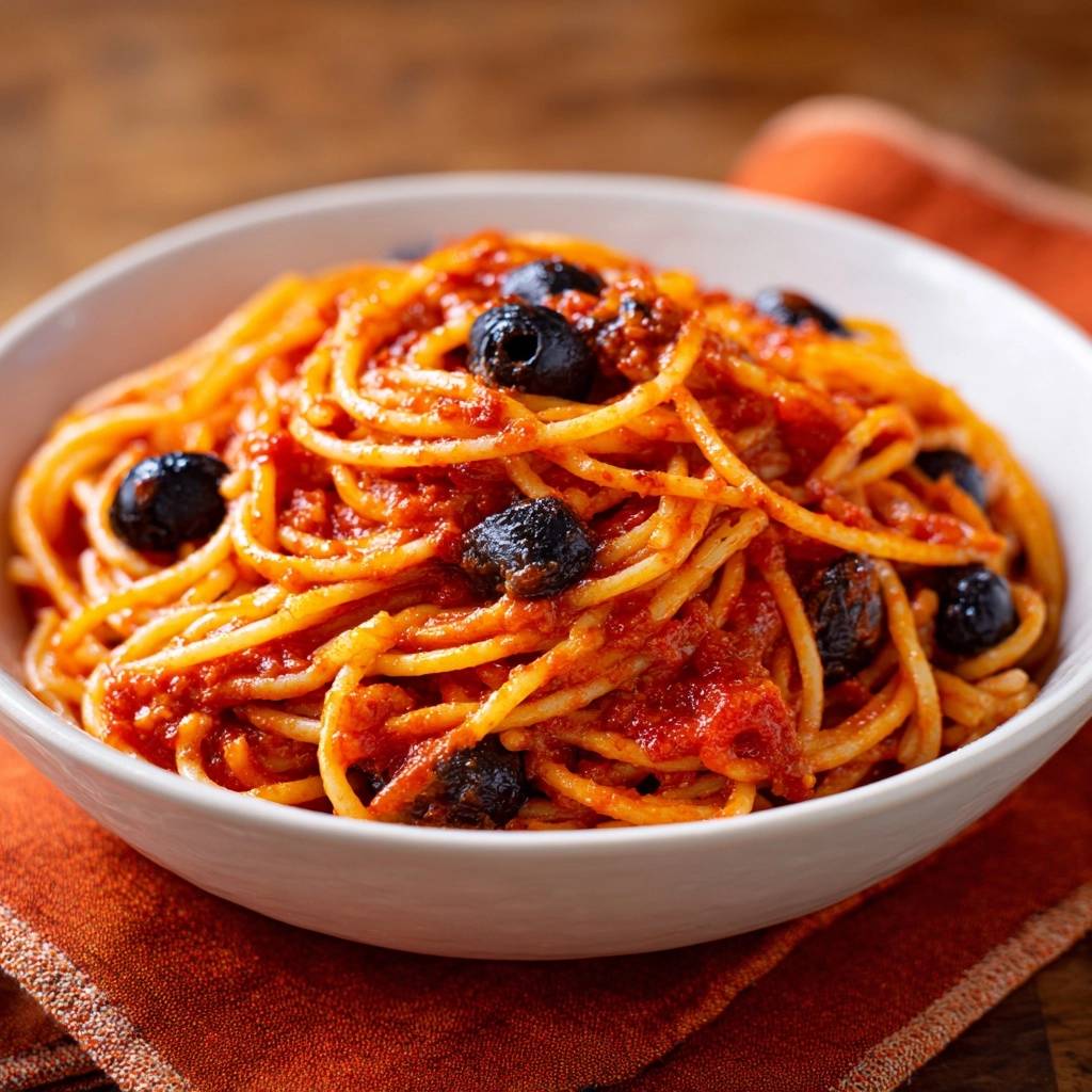 Mediterrane Spaghetti mit Oliven in einer weißen Schüssel, serviert auf einem orangefarbenen Tischtuch, mit einer Nahaufnahme der fertigen Mahlzeit.