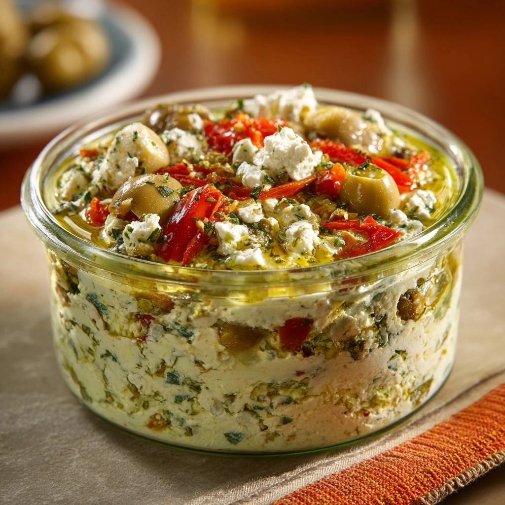 Mediterraner Feta-Kräuter-Dip in einer Nahaufnahme, der die cremige Textur und die frischen Kräuter deutlich zeigt.