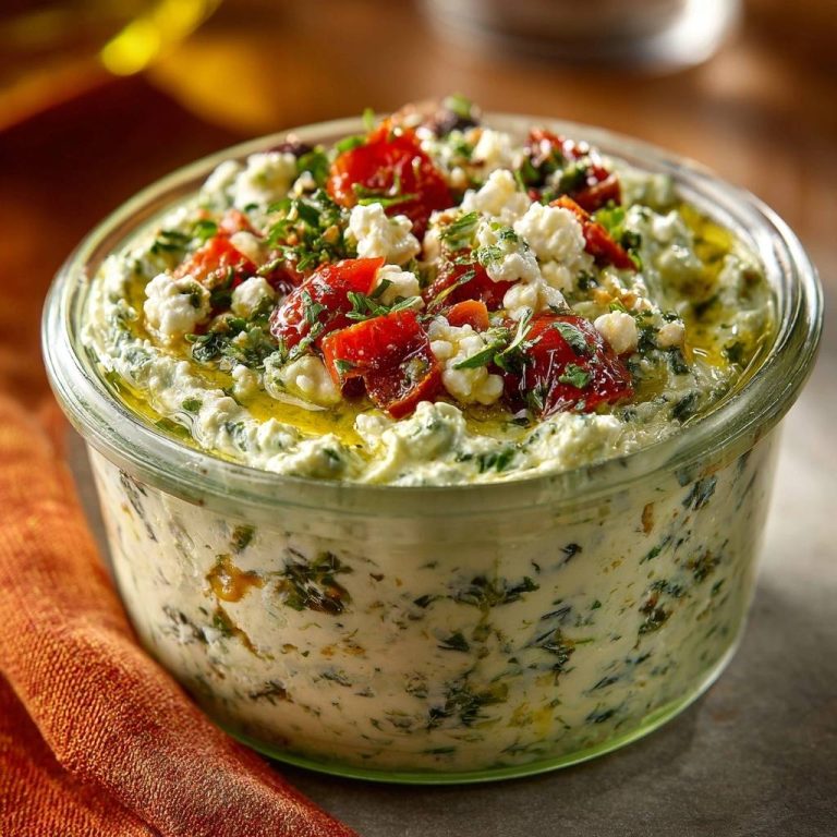Mediterraner Feta-Kräuter-Dip in einer Nahaufnahme, garniert mit sonnengetrockneten Tomaten, Feta-Käse und frischen Kräutern in einem Glas.