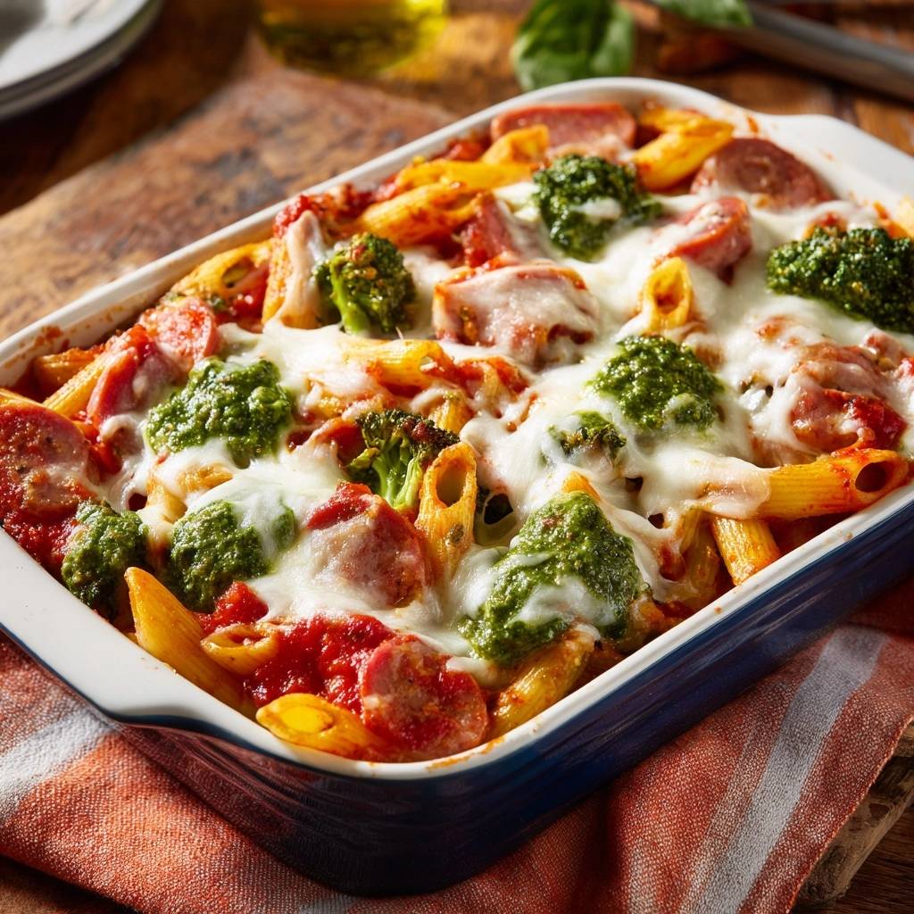 Mediterraner Penne Auflauf Mit Brokkoli Und Pesto Draufsicht 1 Mediterraner Penne-Auflauf mit Brokkoli und Pesto in einer Auflaufform, serviert mit geschmolzenem Käse, Pesto-Tupfern und italienischer Wurst.