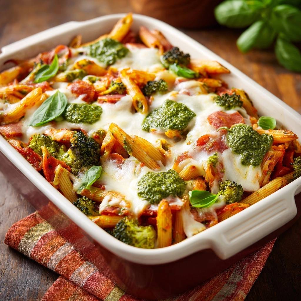 Mediterraner Penne-Auflauf mit Brokkoli und Pesto von oben: Ein Ofengericht mit geschmolzenem Käse, Brokkoli und Pesto garniert.