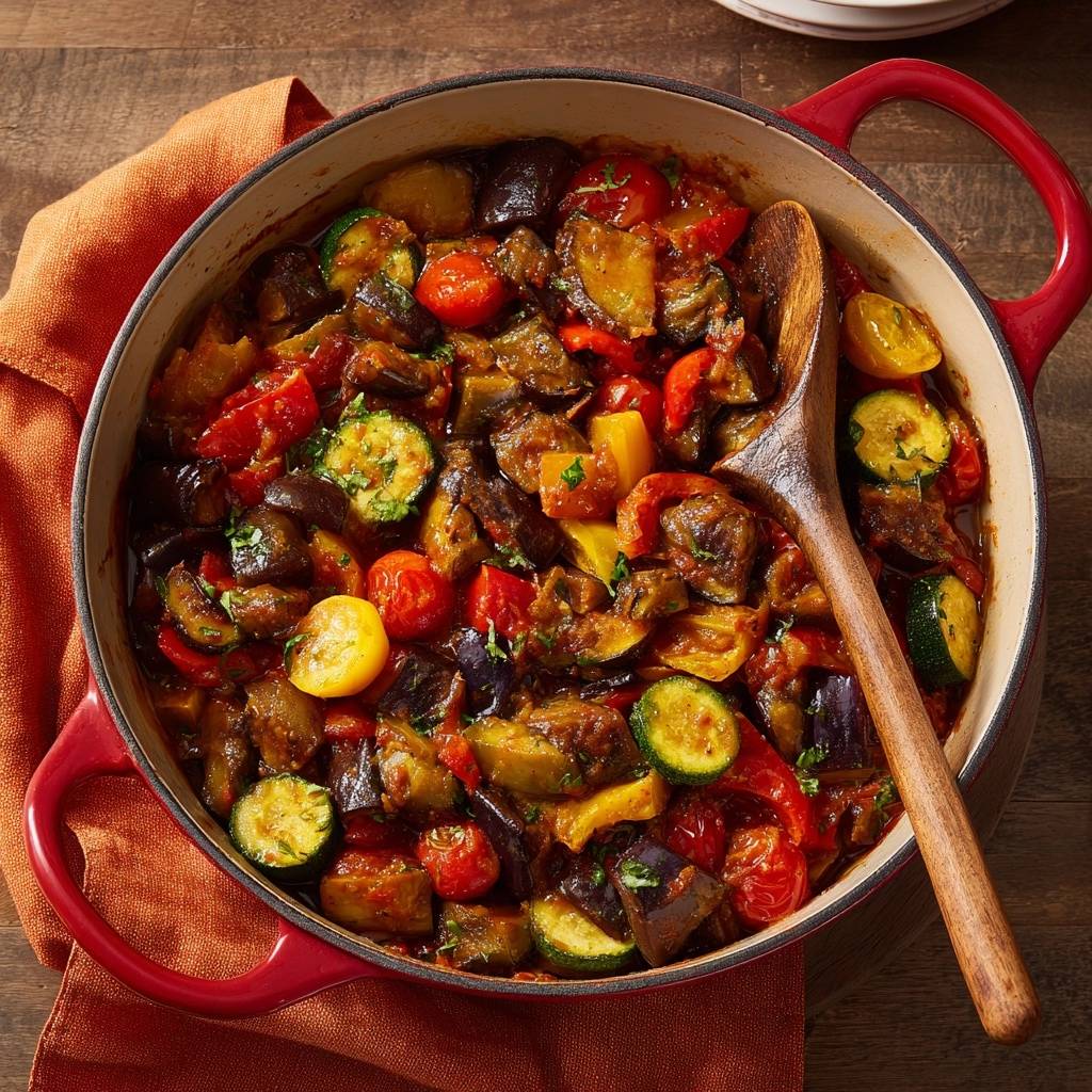 Mediterraner Ratatouille-Topf in einer roten Kochtopf serviert, ein köstliches vegetarisches Gericht aus Gemüse. Eine Nahaufnahme von oben zeigt die fertige Mahlzeit.