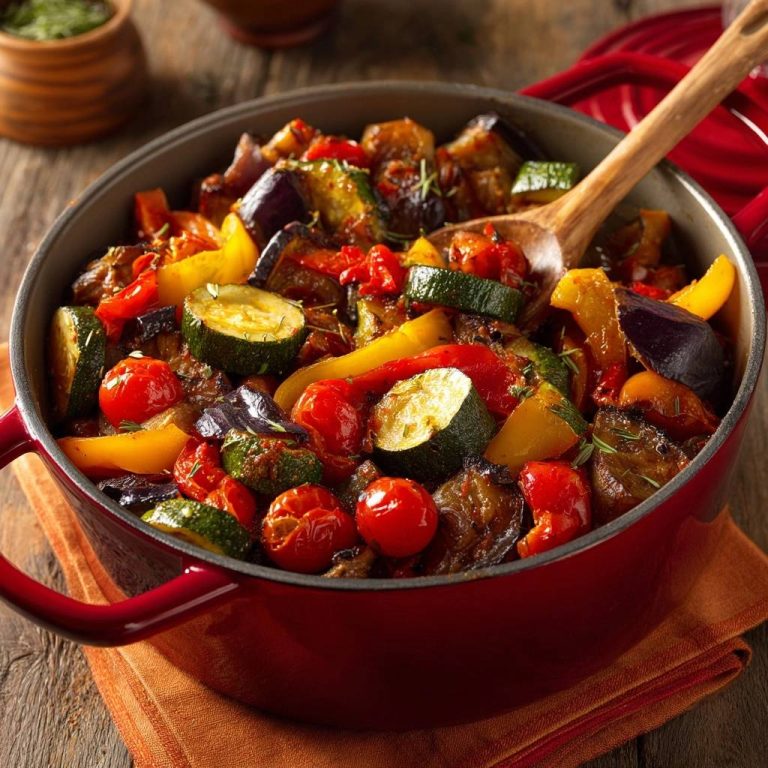 Mediterraner Ratatouille-Topf in einer roten Auflaufform, serviert mit einem Holzlöffel, von oben fotografiert. Das Gericht ist voller buntem Gemüse.