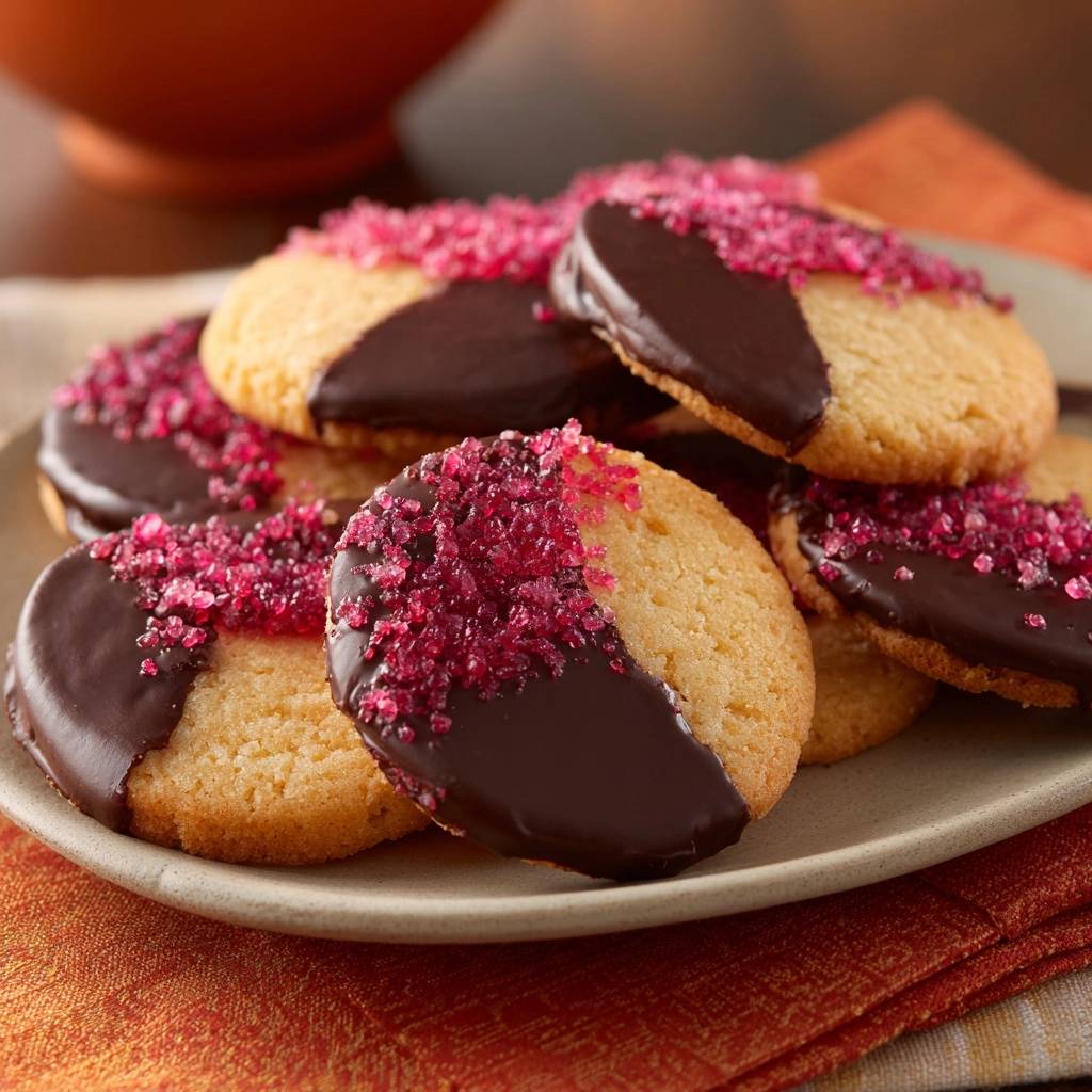 Muerbeteig Kekse Mit Schokoguss Serviert 1 Mürbeteig-Kekse mit Schokoguss, serviert auf einem Teller, sind mit Schokolade überzogen und mit rosa Zucker bestreut.
