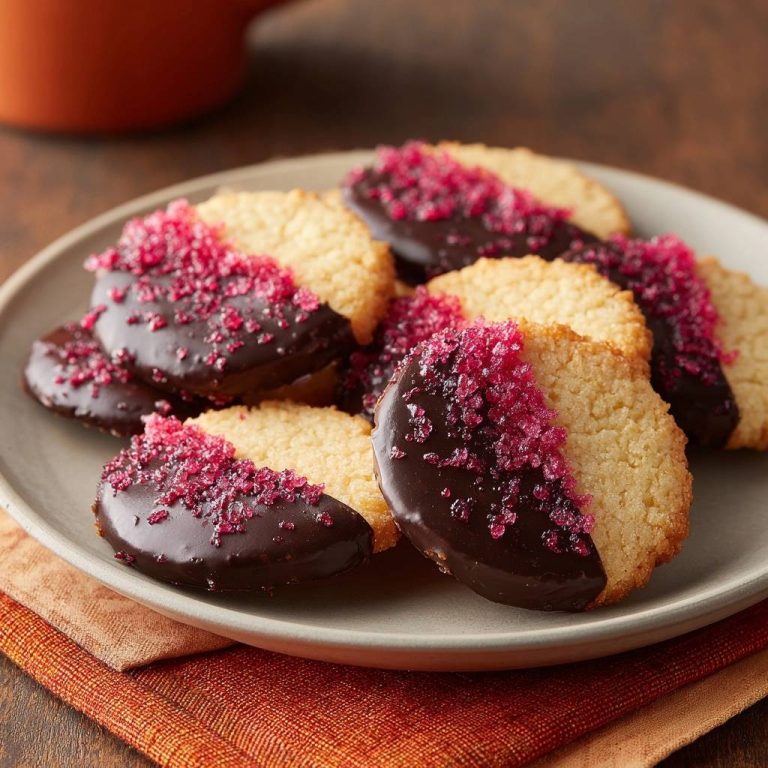 Mürbeteig-Kekse mit Schokoguss, wunderschön auf einem Teller serviert, mit rosa Zucker verziert und zum Naschen bereit.