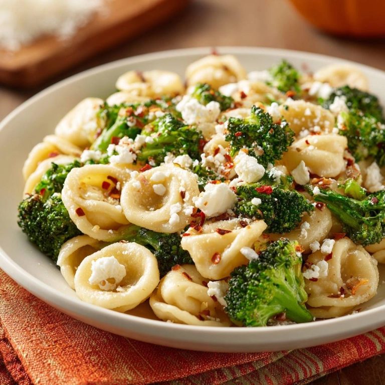 Orecchiette mit Brokkoli und Feta in einer Schüssel. Diese Draufsicht zeigt die Pasta mit Brokkoli, Feta und Chiliflocken.