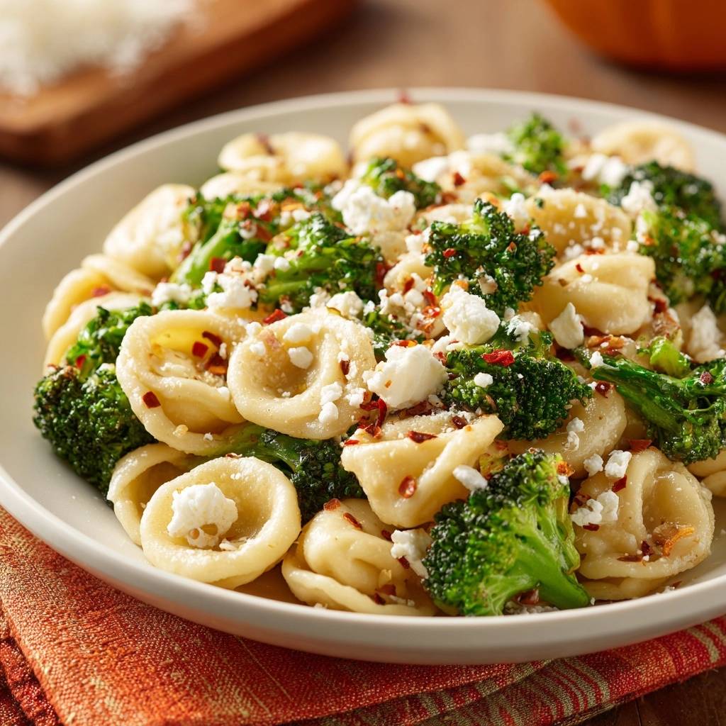 Orecchiette mit Brokkoli und Feta in einer Schüssel. Diese Draufsicht zeigt die Pasta mit Brokkoli, Feta und Chiliflocken.