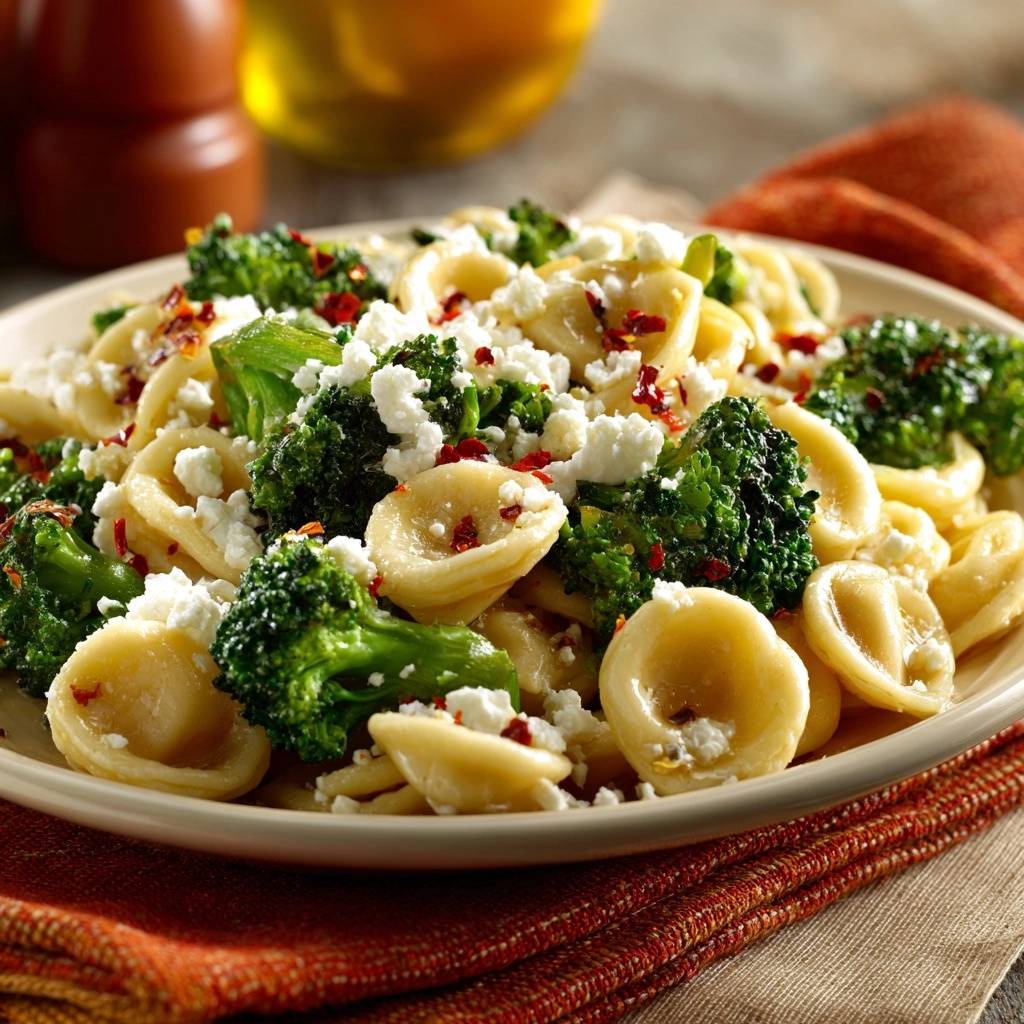 Orecchiette Mit Brokkoli Und Feta Serviert 1 Orecchiette mit Brokkoli und Feta serviert auf einem hellen Teller, garniert mit Chili-Flocken und auf einem rustikalen Untersetzer.