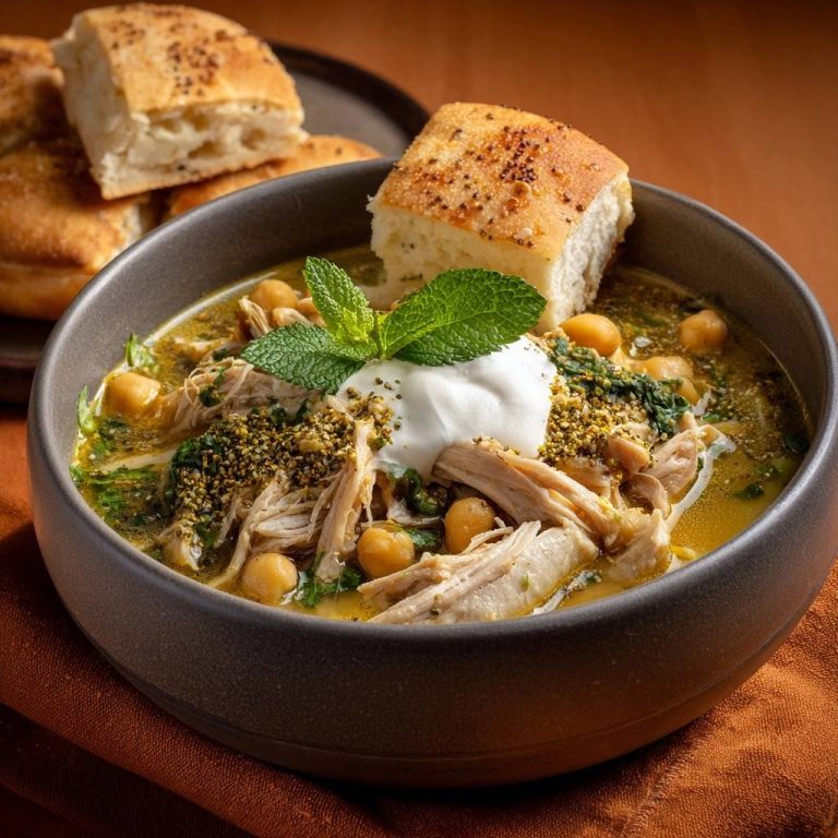 Orientalischer Kichererbsen-Hähnchen-Eintopf serviert in einer Schüssel mit frischer Minze und einem Klecks Joghurt. Dazu Brot.