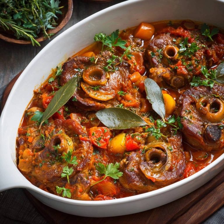 Osso Buco mit Gemüse in einer Auflaufform, mit frischen Kräutern garniert und von oben fotografiert. Ein herzhaftes, italienisches Gericht.