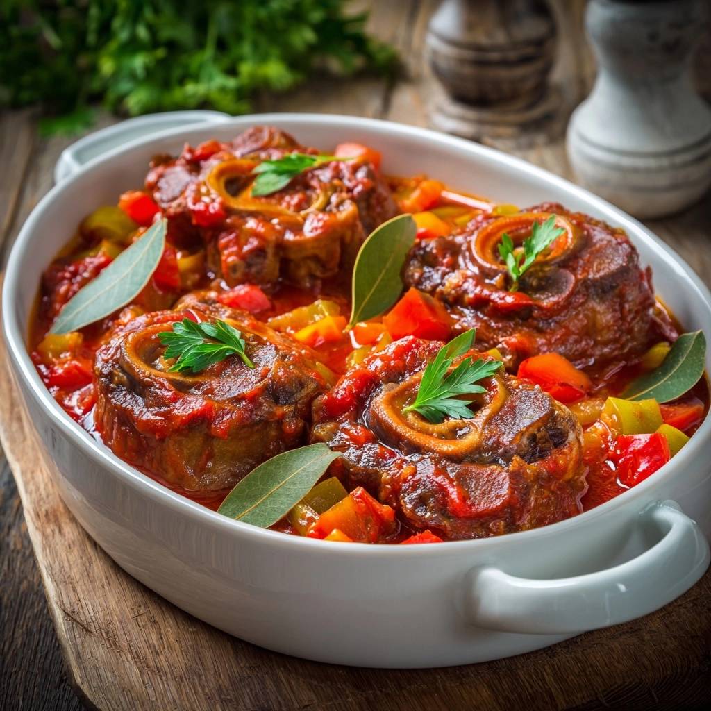 Osso Buco Mit Gemuese Draufsicht Serviert 1 Osso Buco mit Gemüse in einer weißen Auflaufform serviert, garniert mit frischer Petersilie und Lorbeerblättern.