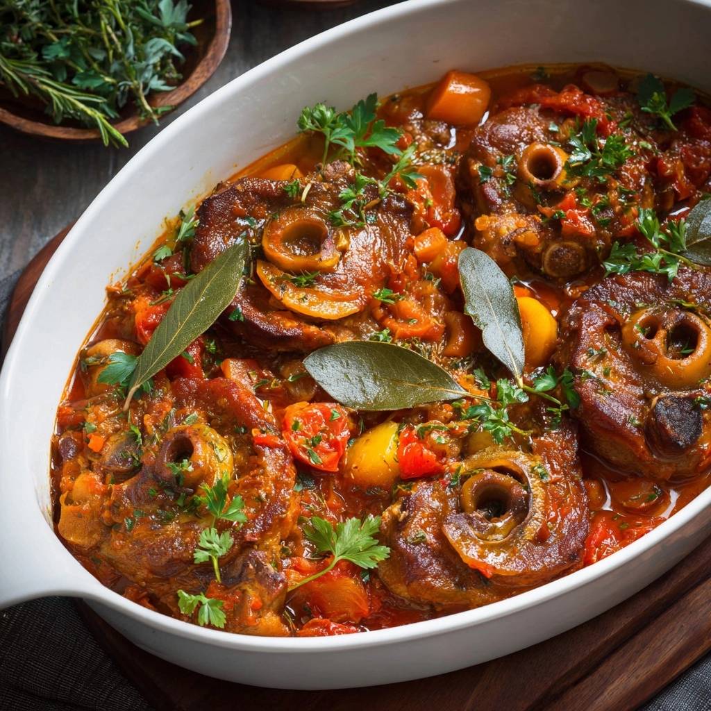 Osso Buco mit Gemüse in einer Auflaufform, mit frischen Kräutern garniert und von oben fotografiert. Ein herzhaftes, italienisches Gericht.