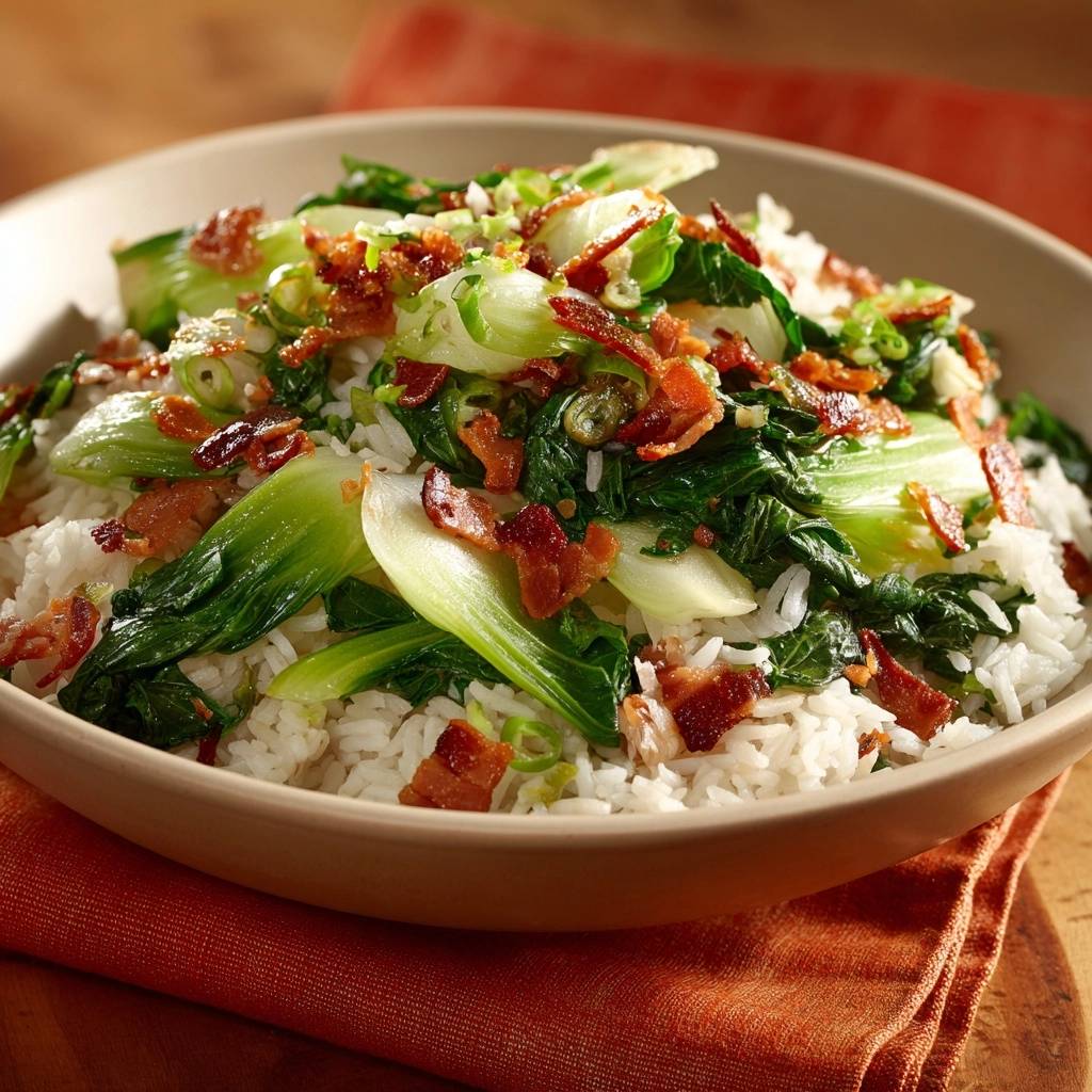 Pak-Choi-Tofu-Reis, serviert in einer Schüssel, mit knackigem Pak Choi, knusprigem Speck und frischen Frühlingszwiebeln garniert.