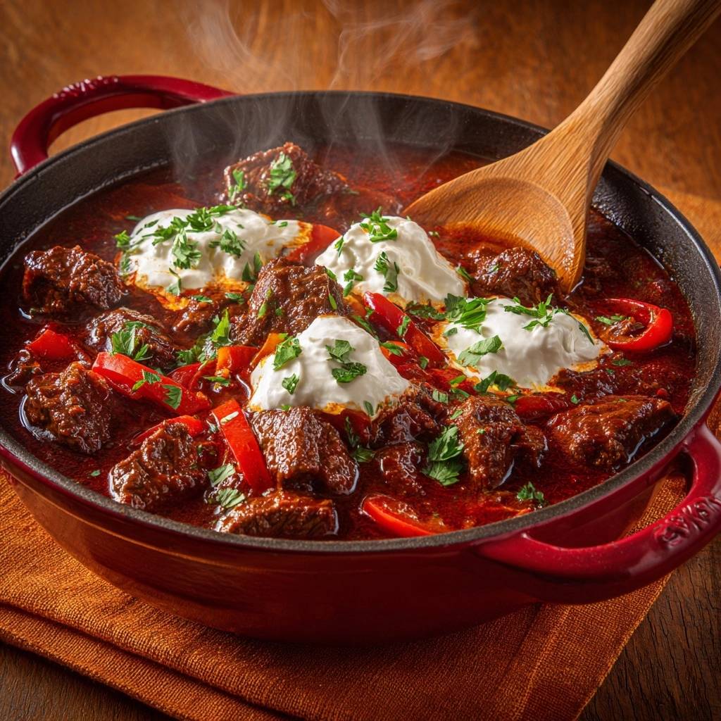 Paprikagulasch mit Rind und Sahne in der Draufsicht, serviert in einem Topf, mit Sahnehäubchen und frischen Kräutern garniert.