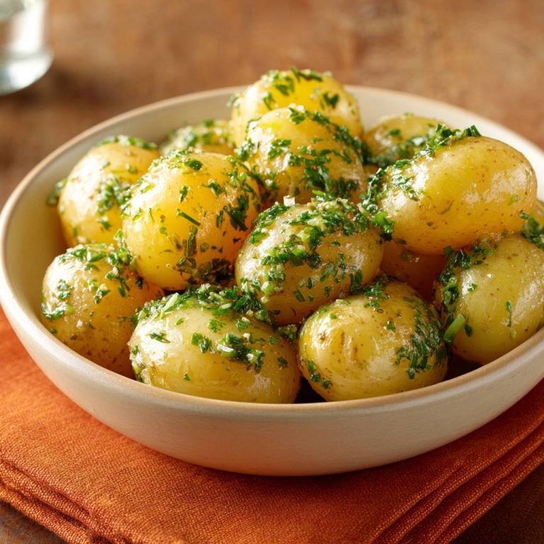 Petersilienkartoffeln, serviert in einer cremefarbenen Schüssel, werden mit frischer Petersilie garniert. Die kleinen Kartoffeln sehen appetitlich aus.